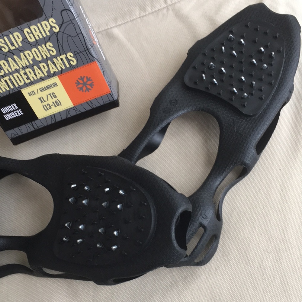 It’s slippery out there!  Try these XL Slip Grips -soft rubber grips for boots.